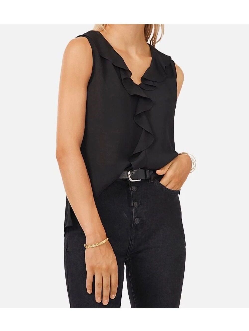 NWT Vince Camuto Women's Black Sleeveless Ruffled Blouse Top Size S